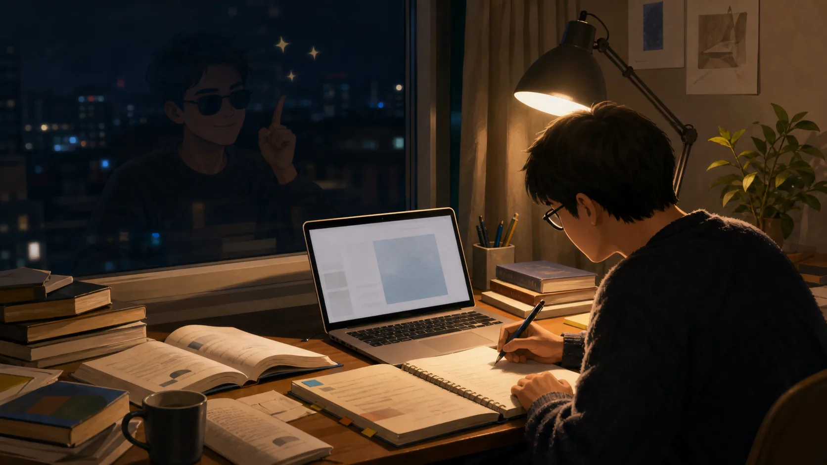 夜里在书桌前补课的人和窗上的轻松倒影